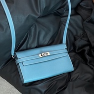 Hermes • Kelly Long 牛仔藍Epsom皮銀釦長夾 帶膜