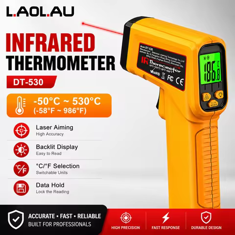 DT-530 Laser Temperature Gun -50°C to 530°C Adj Emissivity Backlit LCD Infrared Thermometer For Indu