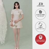 Set 2T38 Slim Turn-down Collar Top + 3S10 Body Shorts - Quiet Luxury Elegant Feminine Metallic Suit 