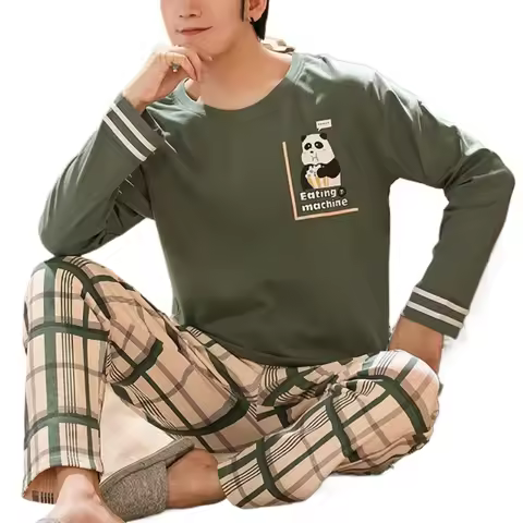 Spring Knitted Pjs Long Sleeved Men's Pajamas Sets Male Pajamas Polka Dots Pajama For Masculine Slee