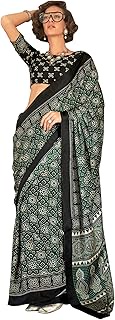 KAJRKH386001_RJ_Parent Women's Saris with Unsewn Blouse, Multicolor, Crepe Ajrak Printed