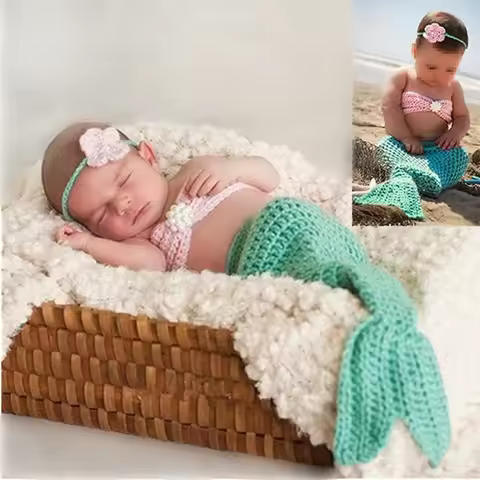 Mermaid Set Baby Photography Props for Newborn Shooting Clothes 0-6Month Girls Bodysuit Baby Souveni