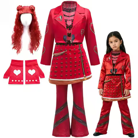 2026 New Movie Cosplay Outfit Girls Red Heart Printed 4Pcs Dress Set Jacket+Top+Skirt+Pants Hallowee