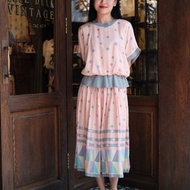 Vintage dress真絲針織邊橘粉色暗紋連衣裙古著