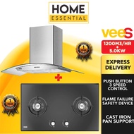 VEES 1200 m3/h DH-01TG Cooker Hood + 4.6kW DGH-8250F Double Burner Tempered Glass Gas Hob