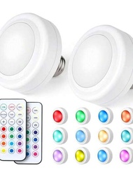 2 piezas de bombillas LED coloridas alimentadas por pilas AAA, bombillas LED inalámbricas regulables con temporizador, zócalo E26 y control remoto, fáciles de instalar sin cableado (pilas no incluidas), creando ambiente para su hogar