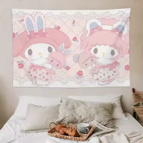 Sanrio Melody and Sweetheart Piano Printed Tapestry Cartoon Theme Bedroom Decoration Suitable for Do