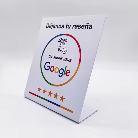 Déjanos tu reseña NFC Google Review NFC Stand Display Table Display URL Writing Social Media Busines