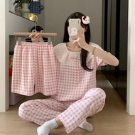 Xiyuyi Bộ bộ đồ pijamas mùa hè dễ thương với kiểu cổ áo ren và in kẻ sọc vuông