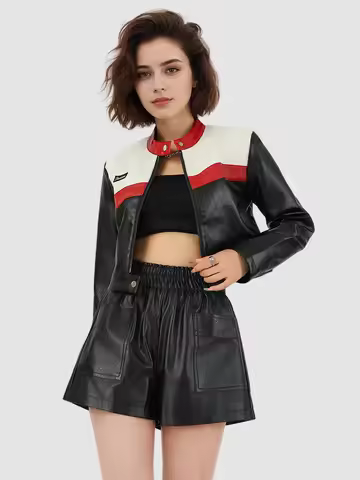 Fashion contrasting motorcycle ,zipper pilot jacket, short jacket, women's leather jacket, rock punk
