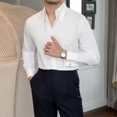 721 Long Sleeve Shirt for Men, British General, French Cuffs, Large Pointed Collar, Anti-Wrinkle, Sl