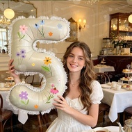 [Free Gift] ins Princess Style Flower Decoration Fabric Milk White Number Balloon Birthday Number Ba