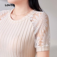 Lovito Casual Tshirt Fabric Stitching Ribknit Spring/summer Apricot Tshirt for Women L157ED421 Lovit
