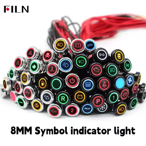FILN 8mm symbol LED Indicator Light 12V 24V Black Metal Indicator Dash Pilot Light with Wire Car Das