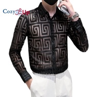 เสื้อเชิ้ตแขนยาว Cozy Up Men S Slim Lace Solid Color Slim Cutout