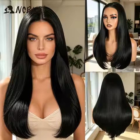 Noble Synthetic Lace Front Wig 24 Inch 9x6 Natural Black Pre-Plucked Glueless Wig Heat Resistant Str