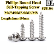 [HL-ZGLS] SUS304 Phillips Round Head Self-Tapping Screw M4/M5/M5.5/M6/M8 Cross Pan Head Pointed Tail