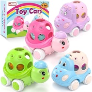 Baby Car Toys for 6-12 12-18 Months 1 Year Old Girls- 4 Pack Rattle Push N Go Cars for Toddlers 1-3 