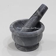 Stones And Homes Indian Grey Mortar and Pestle Set Big Bowl Marble Pill Crusher Herbs Spice Grinder for Home and Kitchen 4 Inch Polished Robust Round Herbs Spices Stone Grinder - (10 x 7 cm)