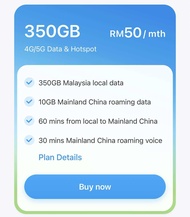 CMLink MY 350GB 4G/5G Data & Hotspot Plan RM50/mth with 10GB Mainland China roaming data and 60 mins