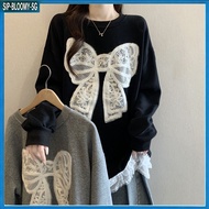 【1.9】 Ladies' Fashionable Casual Lace Bow Round Neck Loose Long Sleeved Top