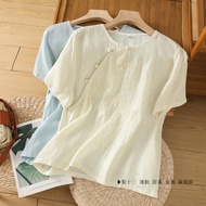 Top Women [2263 People Collection] Chinese Style Retro Embroidery Loose Literary Button Shirt Cotton
