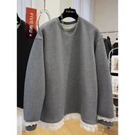 B828#特大码300斤蕾丝拼接加绒卫衣女秋冬打底衫上衣 JZDP