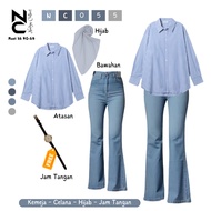 Women's Trendy OOTD Oneset (Striped Shirt + cutbray jeans + bella square hijab) NC055