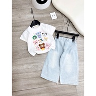 Bộ quần áo bé gái G39 Set áo cotton nhiều baby three quần bò jean ép đá cho bé gái