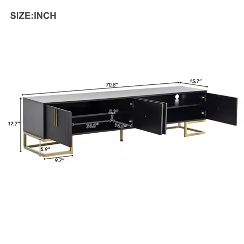 with Cabinets and Adjustable Shelves,Modern Wood TV Cabinet,TV Stand for 80 inch TV with Golden Legs