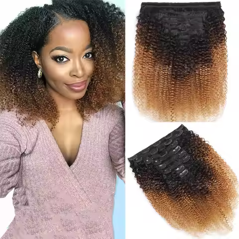 T1B/4/27 Afro Kinky Curly Clip In Hair Extensions 120g 8pcs/set Brazilian Human Hair T1B/99J 4B 4C S