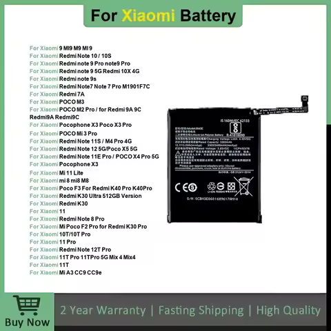 Battery For Xiaomi Redmi Note POCO M2 F3 M3 X3 X4 X5 A3 K30 K40 7 7A 8 8T 9 9T 9S 10 10T 10S 10X 11 