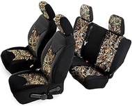 Crevelle Custom Fits 2011-2018 Jeep Wrangler Unlimited 4dr JK Car SUV Wagon Front &amp; Rear Real Black Camo Seat Covers Maple Forest Tree Leaf Pattern Camouflage Tailor Made Hunter Style Seat Cover