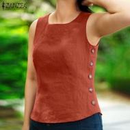 Celmia ZANZEA เสื้อคอกลมแขนกุดของผู้หญิงเสื้อยืดผ้าฝ้ายวินเทจกระดุมข้างเสื้อชั้นในสตรี #15