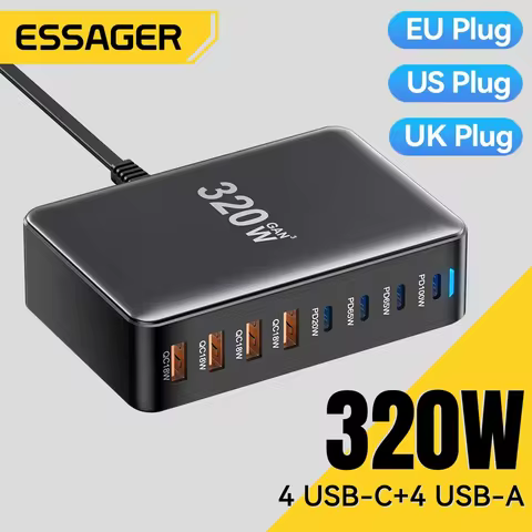 Essager 320W GaN Charger 8Port USB Type C Desktop Charging Station PD 100W Fast Charging For iPhone 