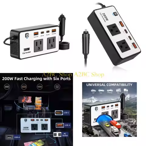 A2BC High Efficiency 200W Car Inverter DC12V to 110V with USB C and USB A Fast Charging for Laptops 