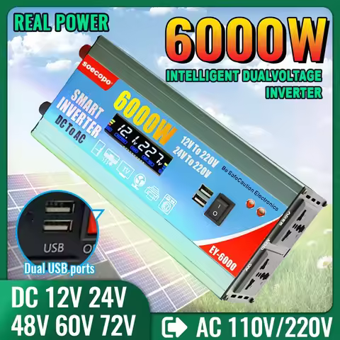 Dual Voltage Power Inverter 6000W 12V 24V 48V 60V 72V to 110V 220V Solar Battery LCD Display Dual US