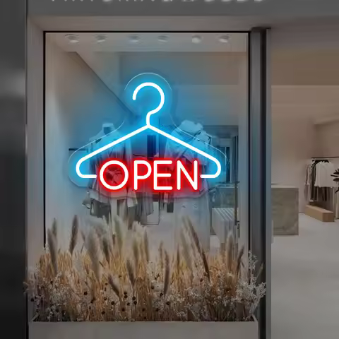 Hanger Open Neon Sign Clothing Store Decor Showroom with LED Open Sign Decor Outfitter Neon Light Cu