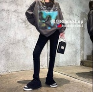 街頭風個性顯瘦黑色牛仔褲 黑色高腰馬蹄褲 百搭黑色牛仔長褲 個性穿搭 潮流穿搭 黑色小喇叭褲 AK200