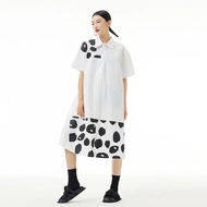 XITAO Contrast Color Print Short Sleeve A-line Dress Turn Down Collar Single Breasted Simplicity Loo