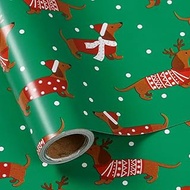 LeZakaa Christmas Green Wrapping Paper Roll - Dachshund Dressed in Festive customes, White Dots Xmas