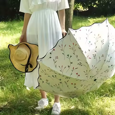 Flowers and Plants Sunshade UV Umbrella Women Fresh Outdoor Portable UV Resistant Travel Umbrella Al