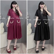 (Maternity dress) short sleeve round neck umi maternity dress with lace bow and pocket collar, youth