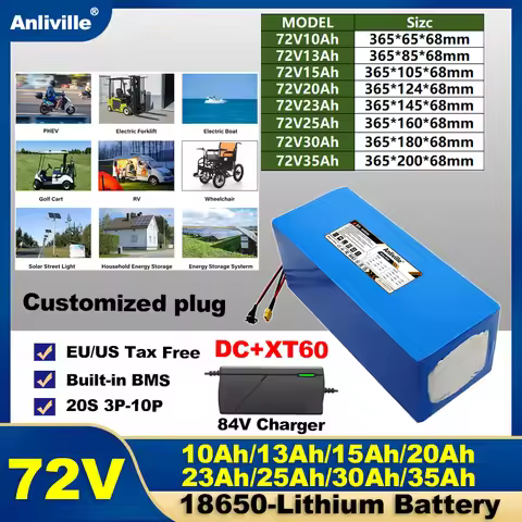 New 72V 10Ah/13Ah/15Ah/20Ah/23Ah/25Ah/30Ah/35Ah 18650 Lithium Battery For 72V 0-2800W Motor Electric