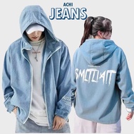 [túi trong] Áo khoác jean có mũ chống nắng dây kéo cho nam và nữ bigsize 40-85kg aChi jeans