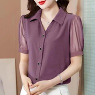 Chiffon Short-Sleeved Top Fashion Large Size POLO Collar Shirt Loose Female HLO4