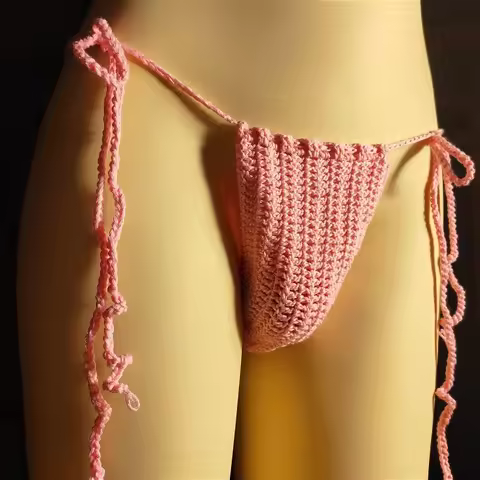 Hand Crochet Men's String Bugle Pouch Thongs Breathable Underwear Low Rise Male Panties Briefs Swimm