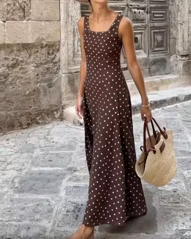Women's Euro-American Square Neck Sleeveless Polka Dot Maxi Dress Chocolate Brown & White Summer Bea