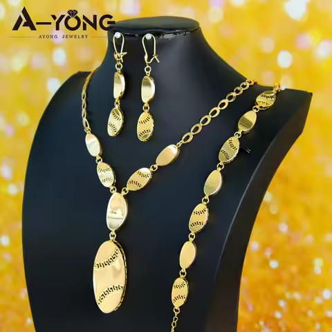 Saudi Luxury Gold Color Necklace Bracelet Earrings Set 21k Gold Plated Ethiopian Nigeria Women Brida