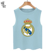 เสื้อกั๊กแขนกุดผ้าฝ้ายแท้สำหรับนักเตะฟุตบอล Real Madrid สำหรับเด็กและเยาวชน ฤดูร้อน 2021 คอกลม ไม่มี